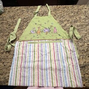 MuKitchen‎ Easter Bunny Garden Apron Green Pastel Stripe Adjustable Pocket Bib